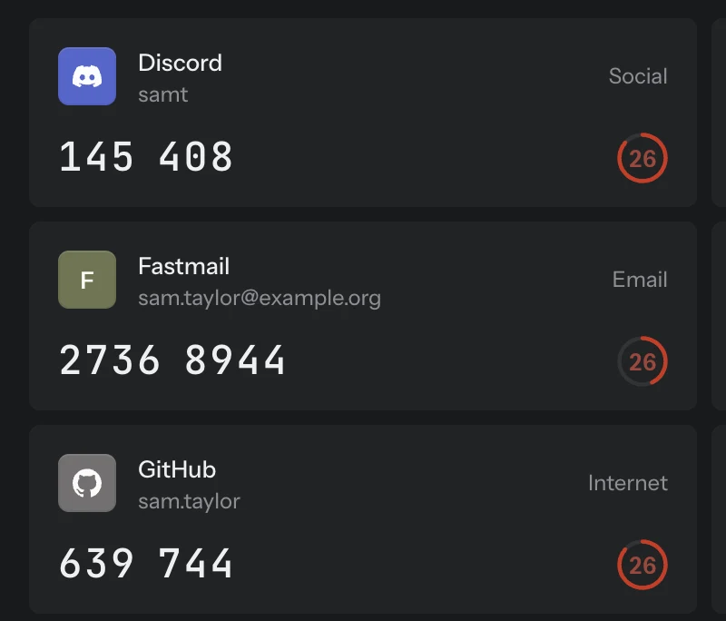 The one-time codes page in Keeto: cards with service, account, group, the current code and the countdown.