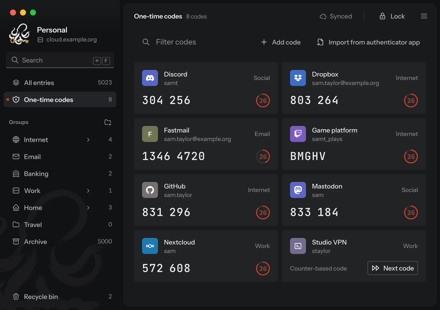 The one-time codes page in Keeto: cards with service, account, group, the current code and the countdown.